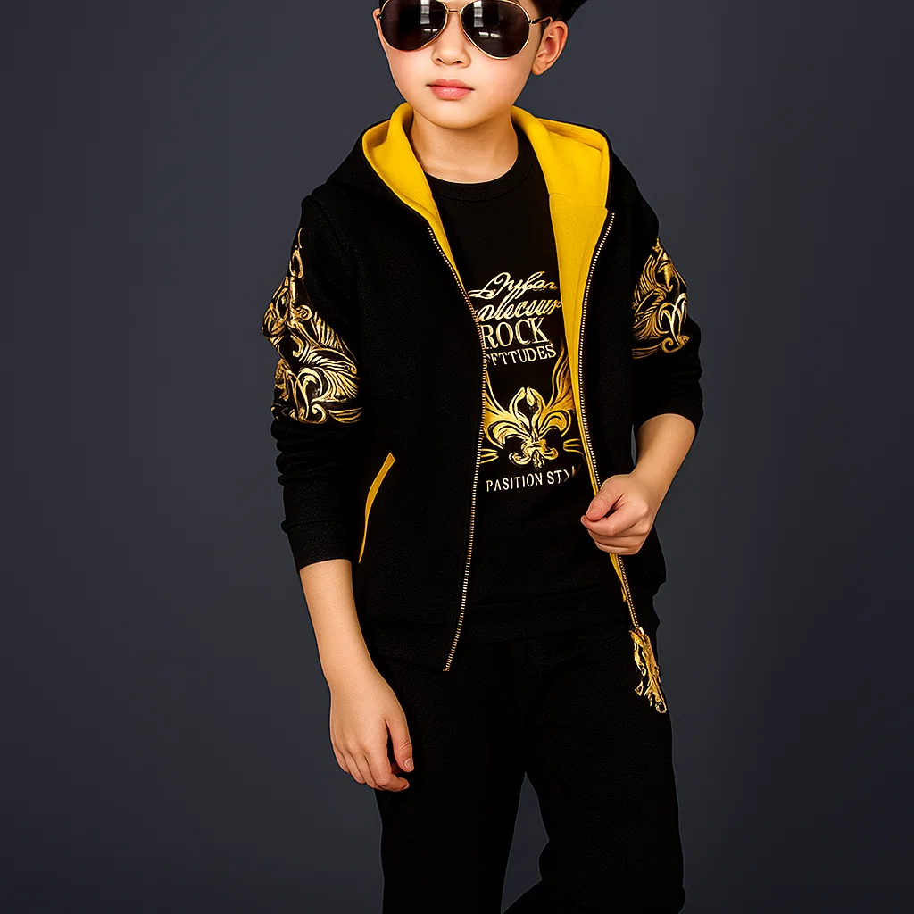 TMF-824 Zipper Hoddie+Pant+T-Shirt 3pcs Set -(Black Afsan)